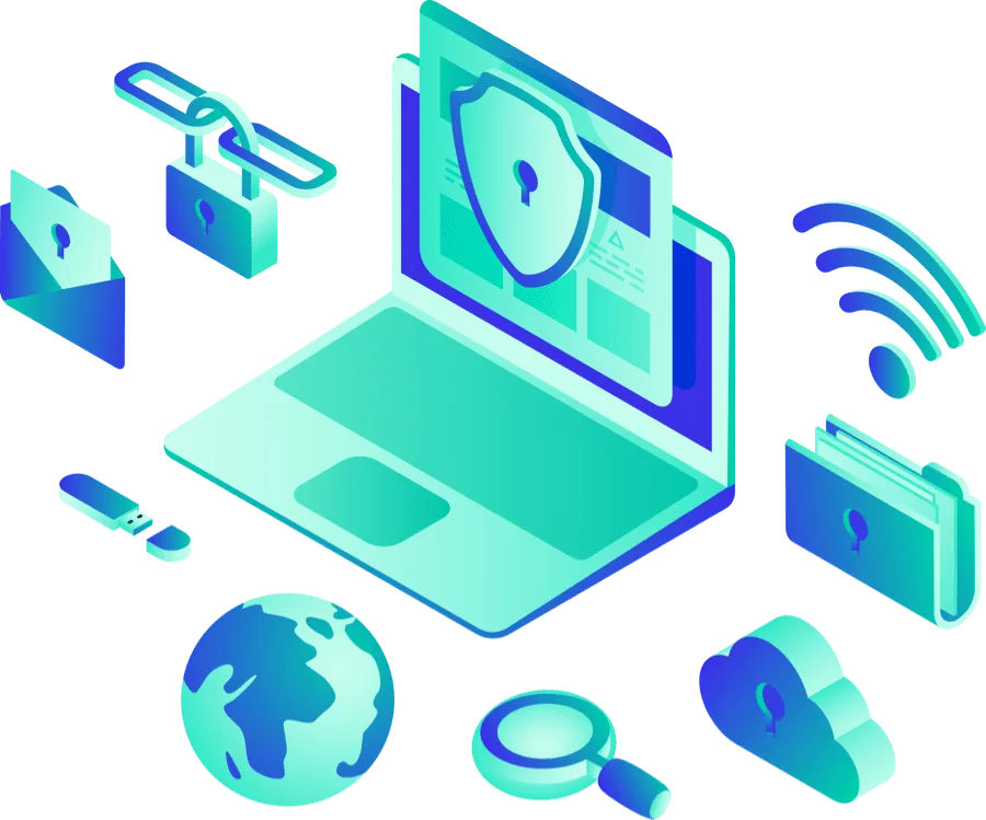 Animated computer floating surrounded by common computer icons
